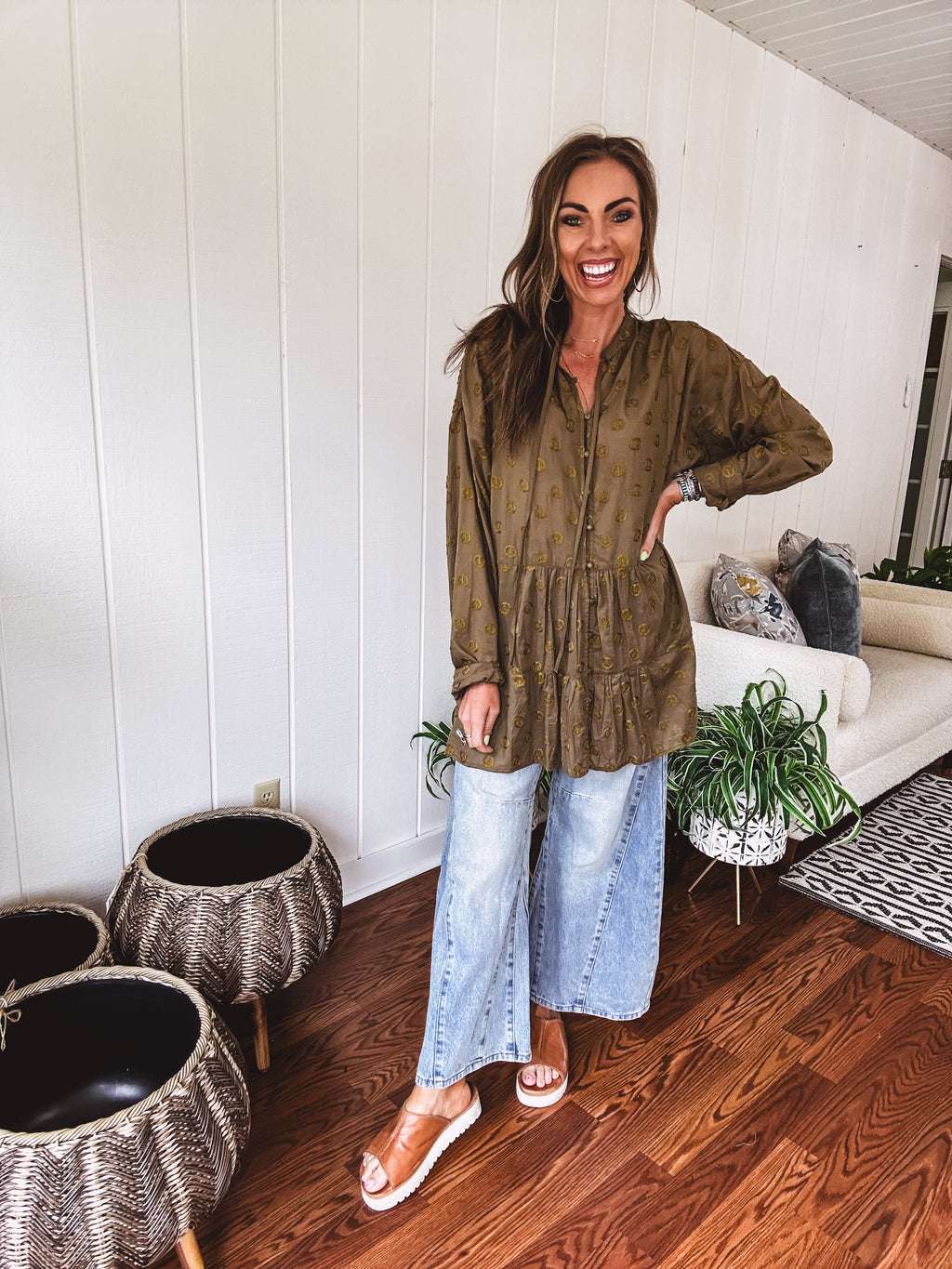 Olive Peace Embroidered Flutter Hem Button Front