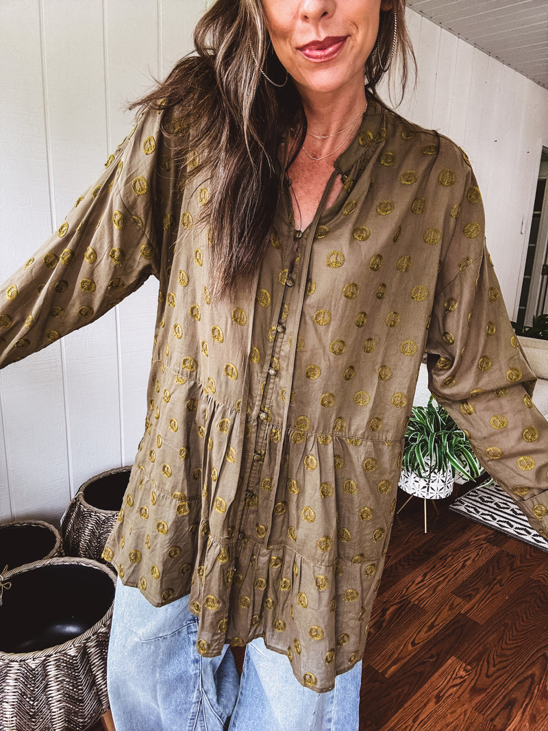 Olive Peace Embroidered Flutter Hem Button Front