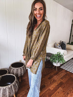 Olive Peace Embroidered Flutter Hem Button Front
