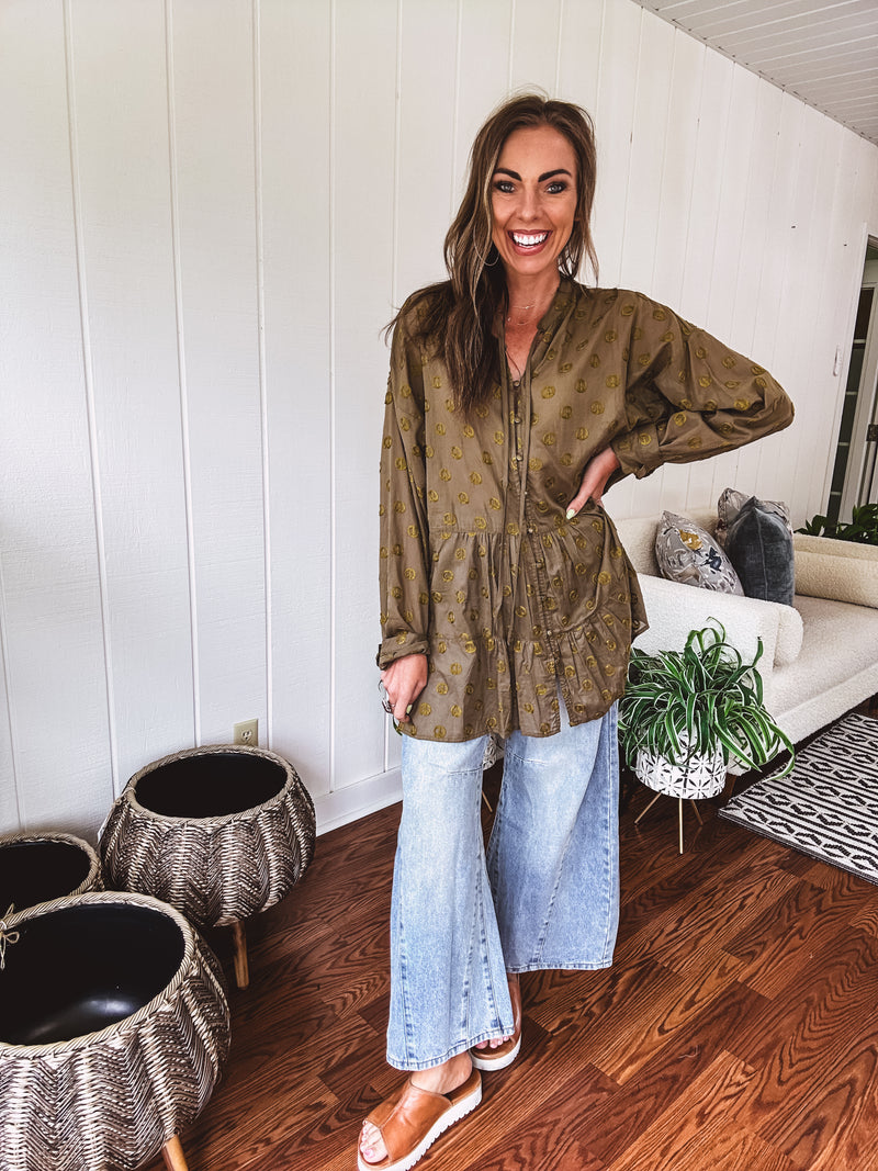 Olive Peace Embroidered Flutter Hem Button Front
