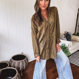 Olive Peace Embroidered Flutter Hem Button Front