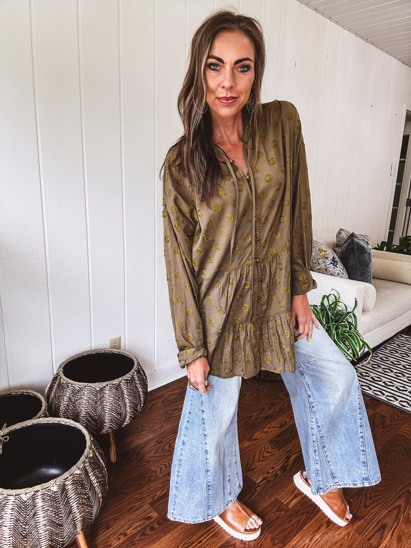 Olive Peace Embroidered Flutter Hem Button Front