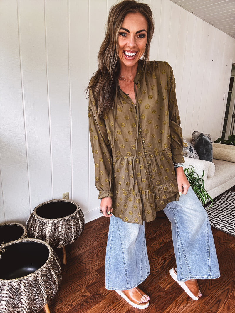 Olive Peace Embroidered Flutter Hem Button Front