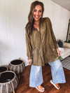 Olive Peace Embroidered Flutter Hem Button Front