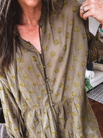 Olive Peace Embroidered Flutter Hem Button Front