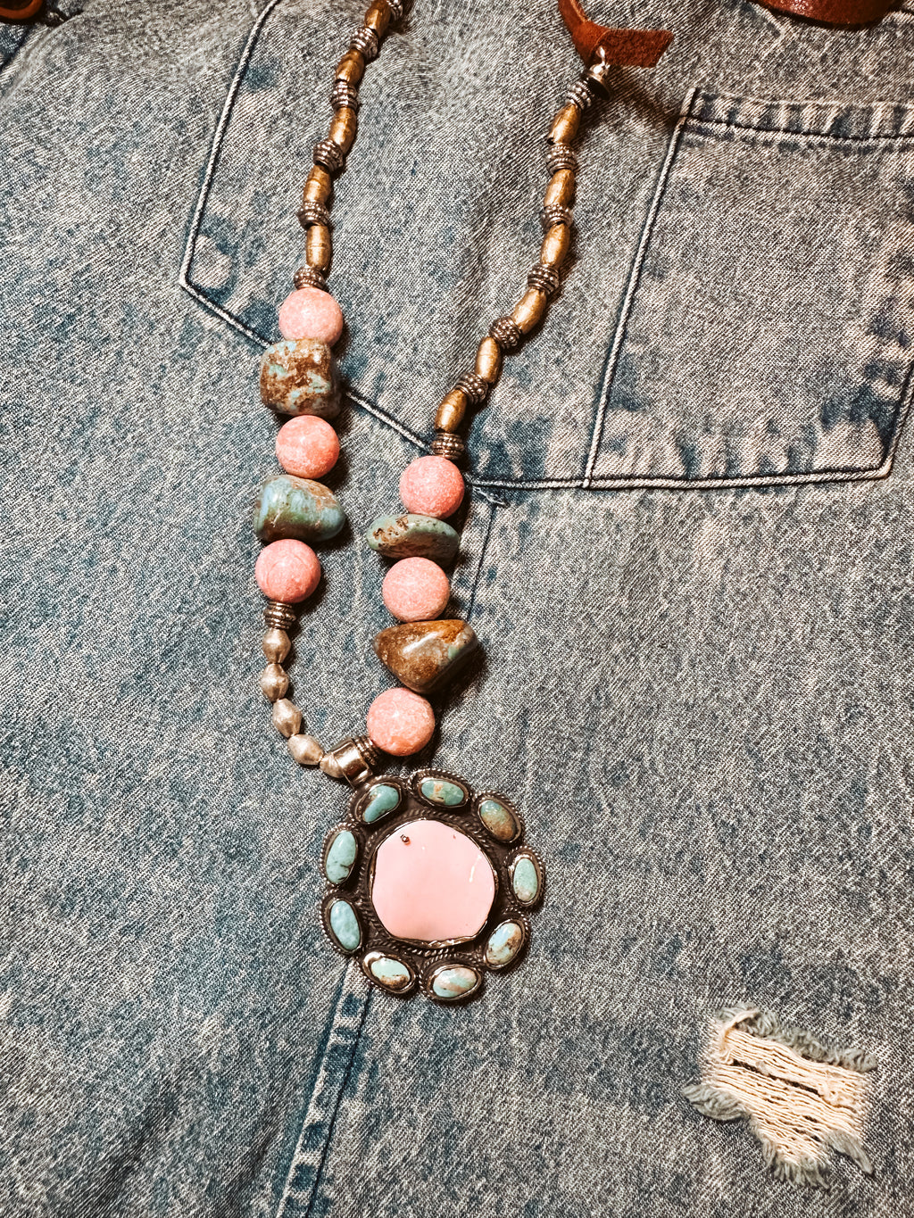 Turq + Pink Cluster Leather Necklace