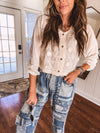 Beige Whimsical Whirl Embroidered Button Down Blouse