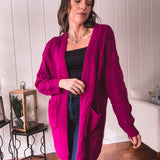 Magenta Purple Cableknit Cardigan with Pockets