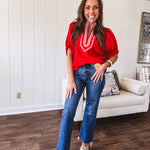 Cool red dolman style top with white and red gingham trim at the mock neck and yoke.