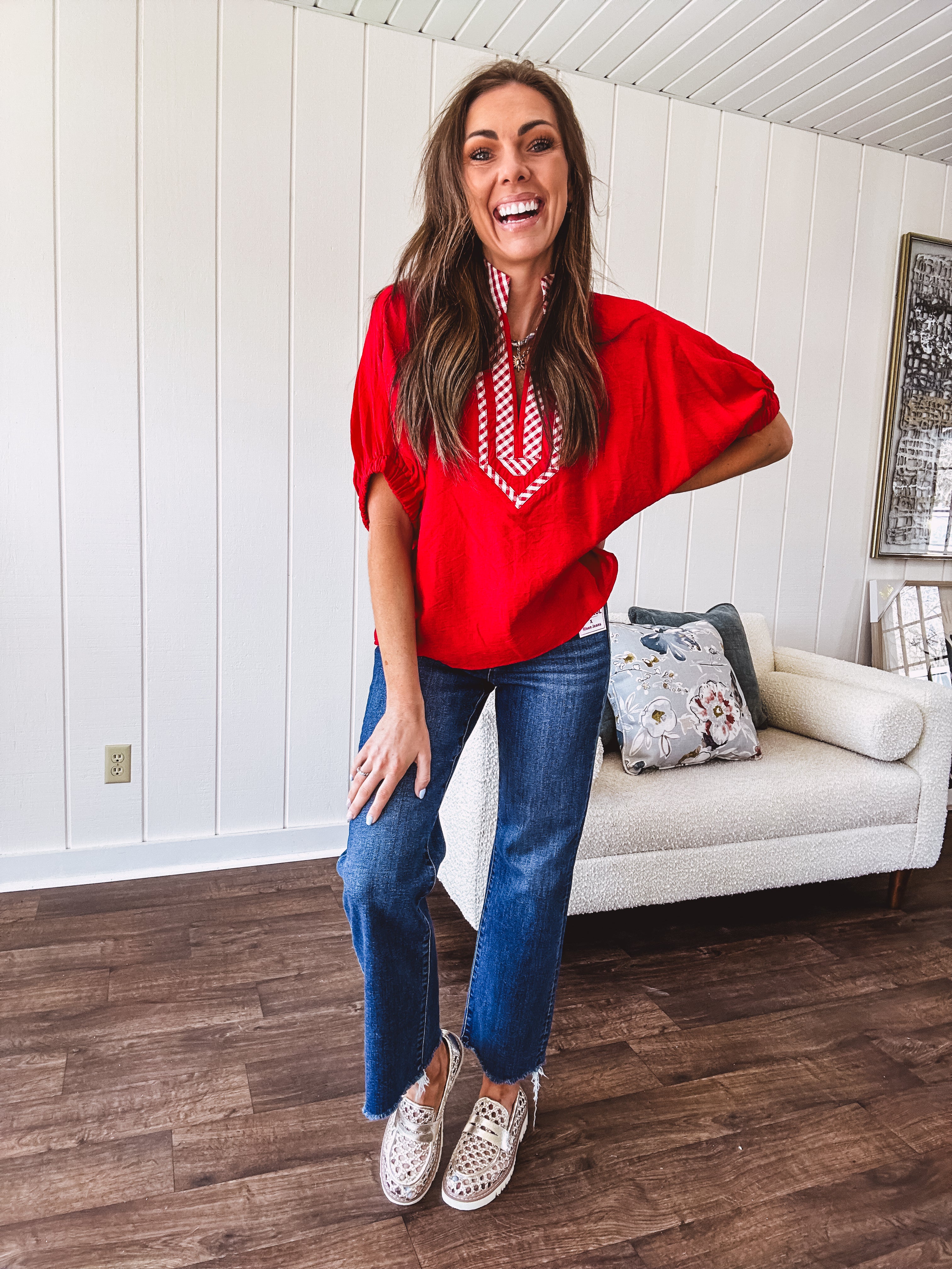Cool red dolman style top with white and red gingham trim at the mock neck and yoke.