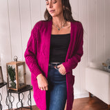Magenta Purple Cableknit Cardigan with Pockets