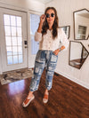 Beige Whimsical Whirl Embroidered Button Down Blouse