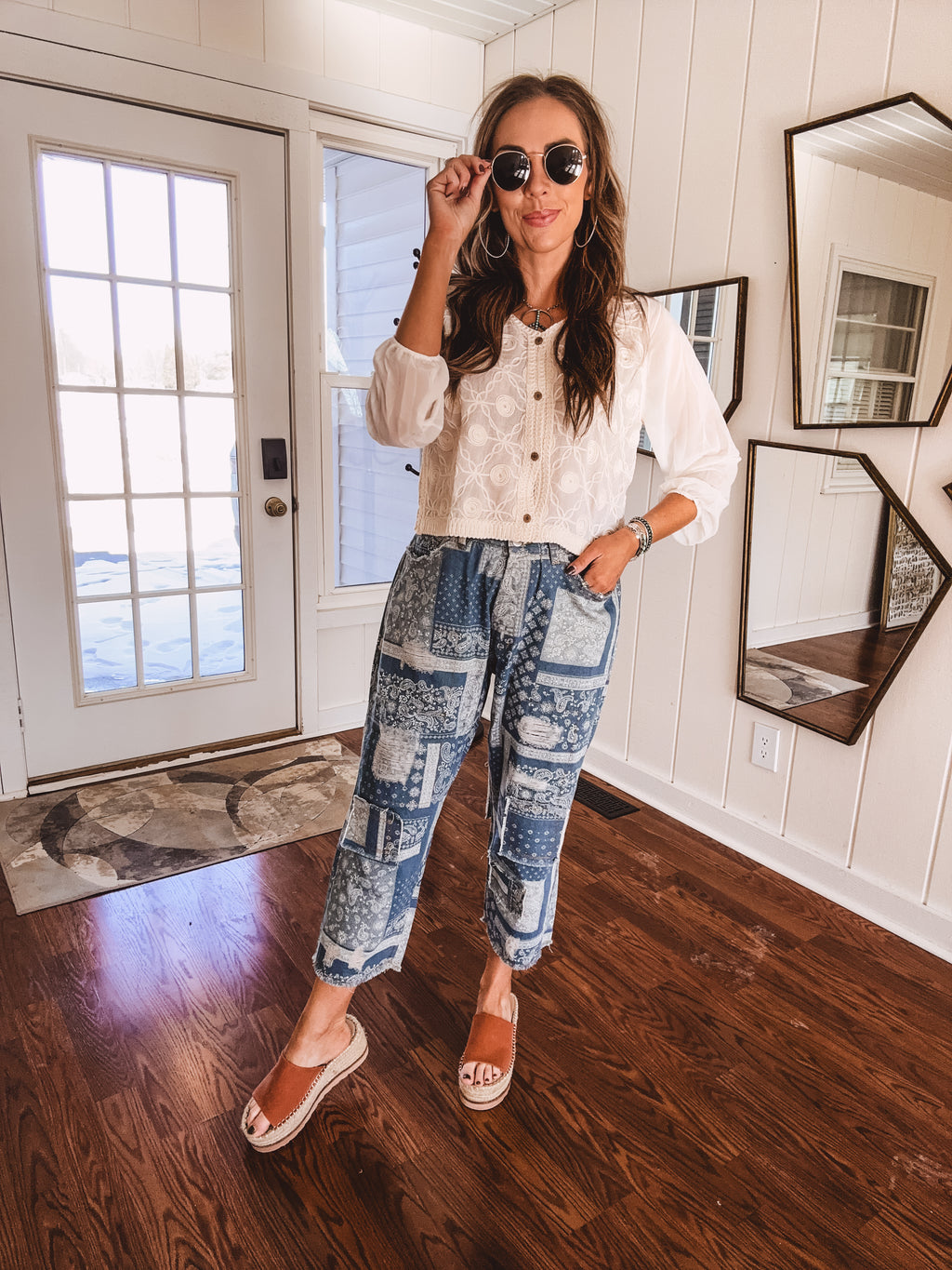 Beige Whimsical Whirl Embroidered Button Down Blouse