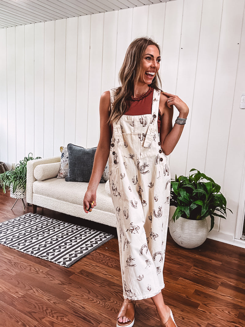 Khaki Western Print Twill Overalls