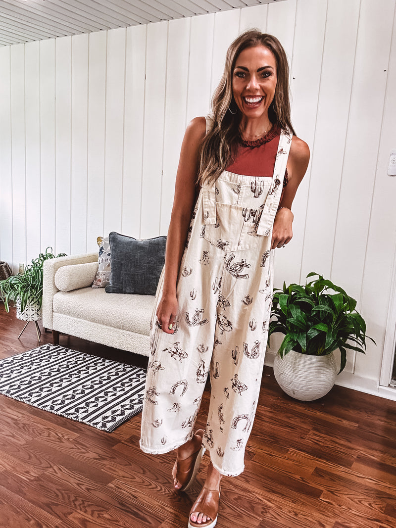 Khaki Western Print Twill Overalls