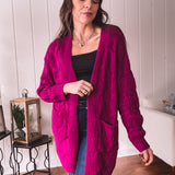 Magenta Purple Cableknit Cardigan with Pockets