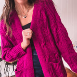 Magenta Purple Cableknit Cardigan with Pockets