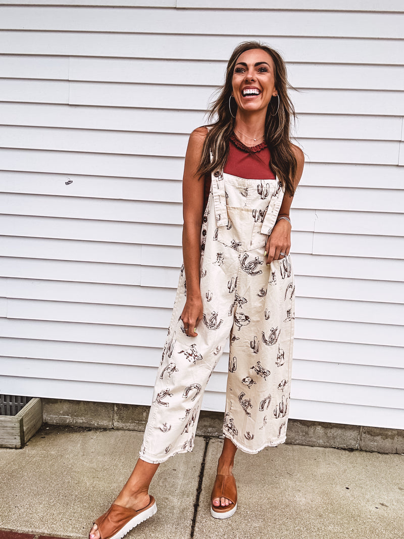 Khaki Western Print Twill Overalls