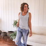 Ivory/Black Scoop Neck Fitted Stripe Tank