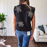 Black Floral Burst Embroidered Sweater Vest