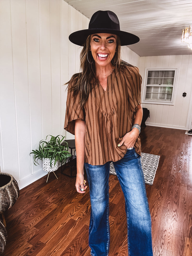 Placket Raglan Sleeve Stripe Top