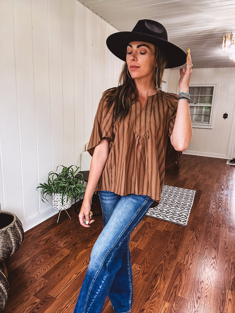 Placket Raglan Sleeve Stripe Top