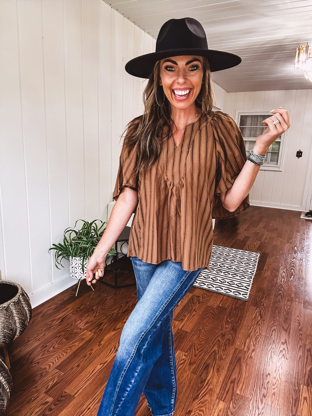 Placket Raglan Sleeve Stripe Top