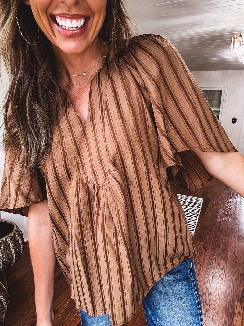 Placket Raglan Sleeve Stripe Top