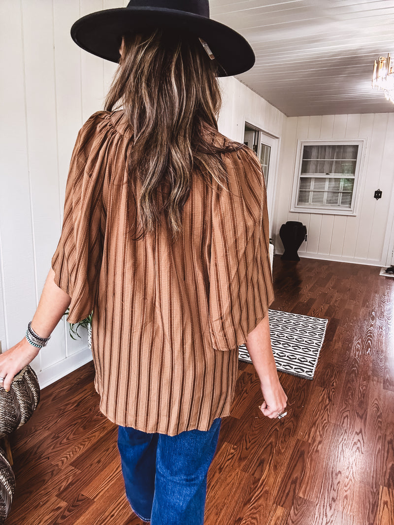 Placket Raglan Sleeve Stripe Top