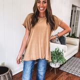 Toffee Linen Like Top with Fray Edges