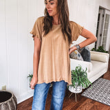 Toffee Linen Like Top with Fray Edges