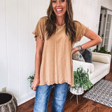 Toffee Linen Like Top with Fray Edges