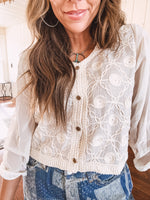 Beige Whimsical Whirl Embroidered Button Down Blouse