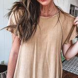 Toffee Linen Like Top with Fray Edges