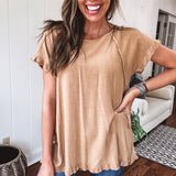 Toffee Linen Like Top with Fray Edges