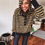 Khaki + Black Multi Stripe Jacquard 1/4 Button Hoodie