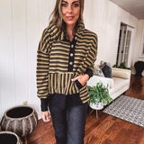 Khaki + Black Multi Stripe Jacquard 1/4 Button Hoodie