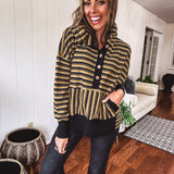 Khaki + Black Multi Stripe Jacquard 1/4 Button Hoodie