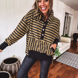 Khaki + Black Multi Stripe Jacquard 1/4 Button Hoodie