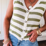 Sage Stripe Button Front Knit Vest