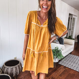 Mustard Embroidered Babydoll Tiered Dress