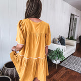 Mustard Embroidered Babydoll Tiered Dress
