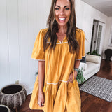 Mustard Embroidered Babydoll Tiered Dress