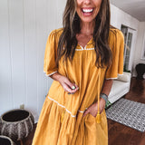 Mustard Embroidered Babydoll Tiered Dress