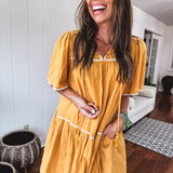 Mustard Embroidered Babydoll Tiered Dress
