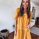 Mustard Embroidered Babydoll Tiered Dress