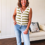 Sage Stripe Button Front Knit Vest