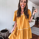 Mustard Embroidered Babydoll Tiered Dress