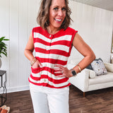 Red + Cream Stripe Colorblock Button Woven Vest