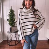 Ivory + Black Stripe Turtleneck Wide Knit Sweater
